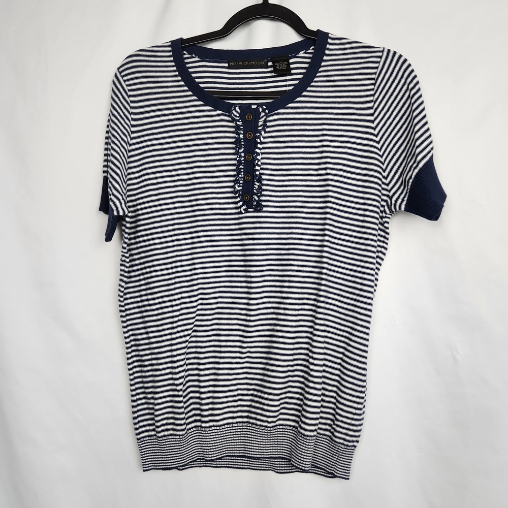 Preswick & Moore Womens Short Sleeve Striped Top 1/4 Button Blue White Sz Large